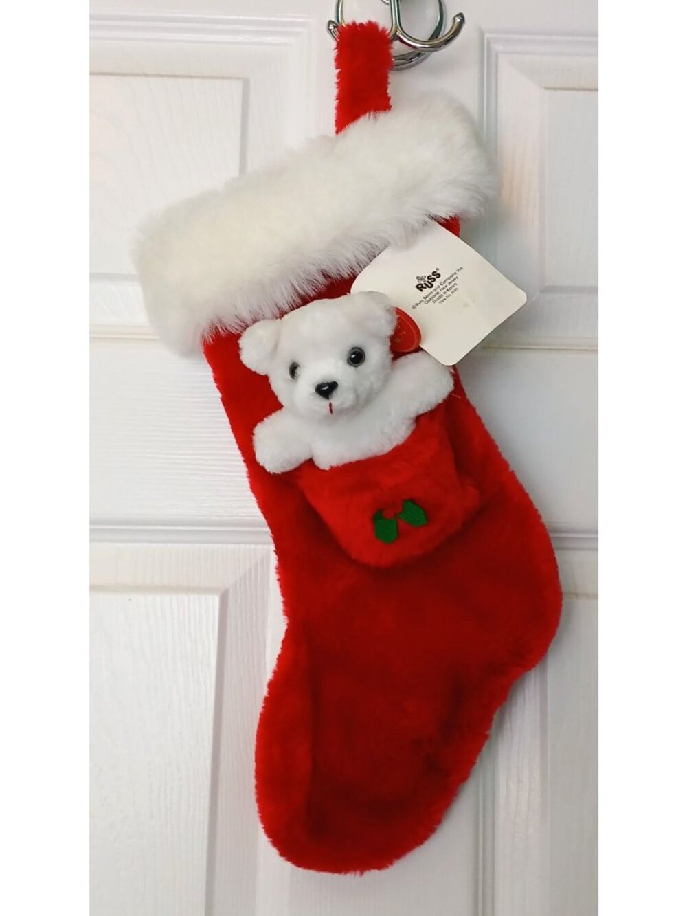 VTG Russ Berrie Red Christmas Stocking W/ White Plush Bear Style 2895 #D-23